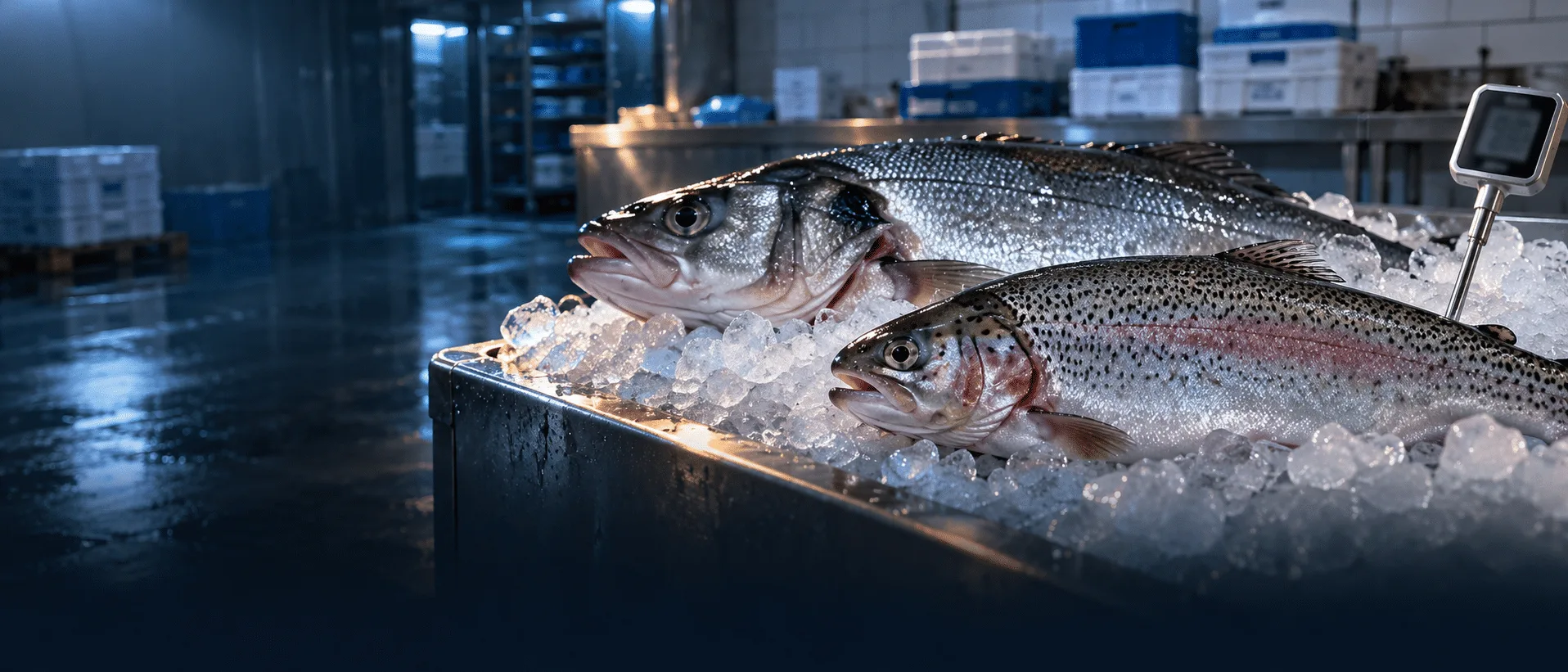 Lubina y trucha arcoíris frescas sobre hielo en una cámara de control de calidad, con sonda de temperatura y cajas de pescado al fondo